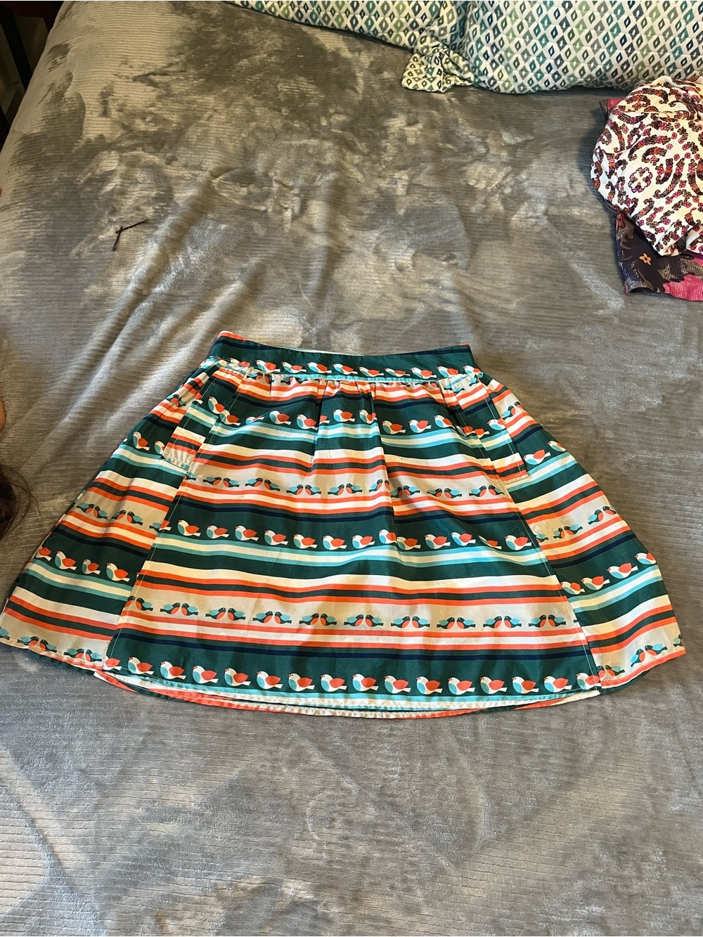 Maude Striped Circle Skirt with Birds in Teal, Coral/Orange and Cream